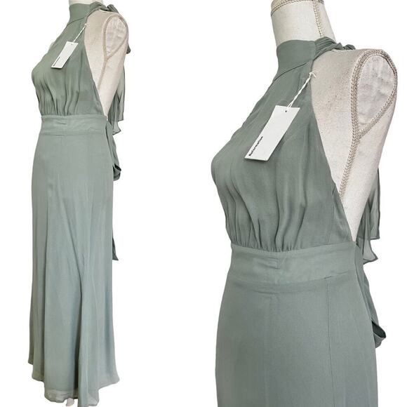 Reformation Lizabeth Halter Midi Dress Size 0 Celadon Green Open Back Event NEW - Picture 2 of 10